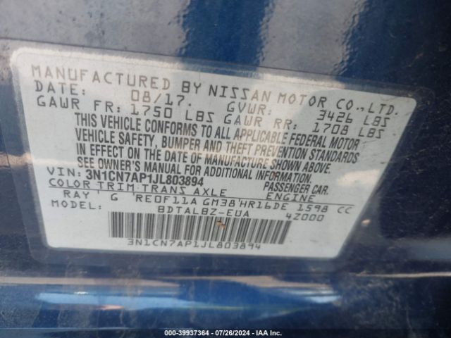 Photo 8 VIN: 3N1CN7AP1JL803894 - NISSAN VERSA 