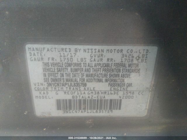 Photo 8 VIN: 3N1CN7AP1JL835759 - NISSAN VERSA SEDAN 