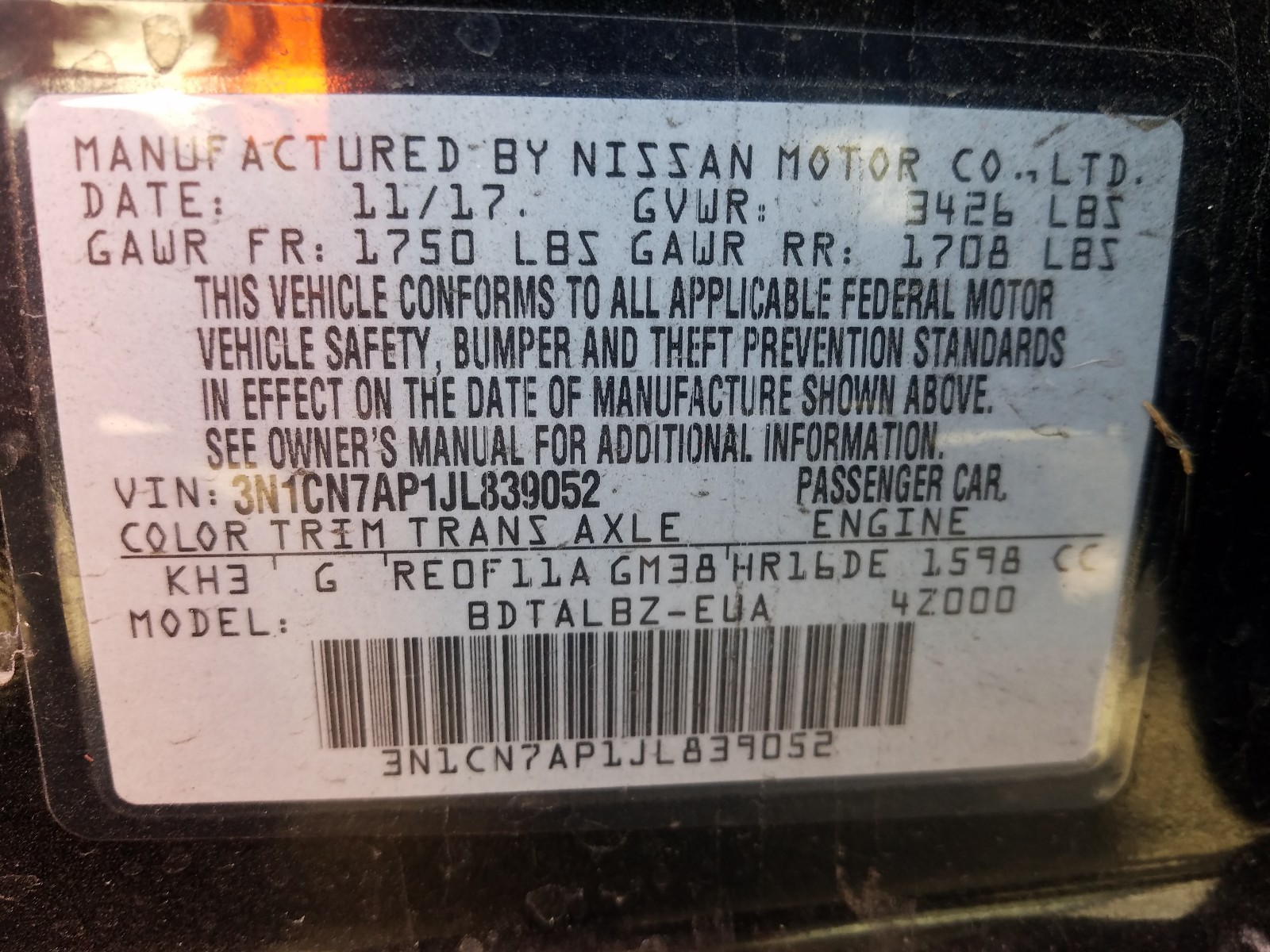 Photo 9 VIN: 3N1CN7AP1JL839052 - NISSAN VERSA S 