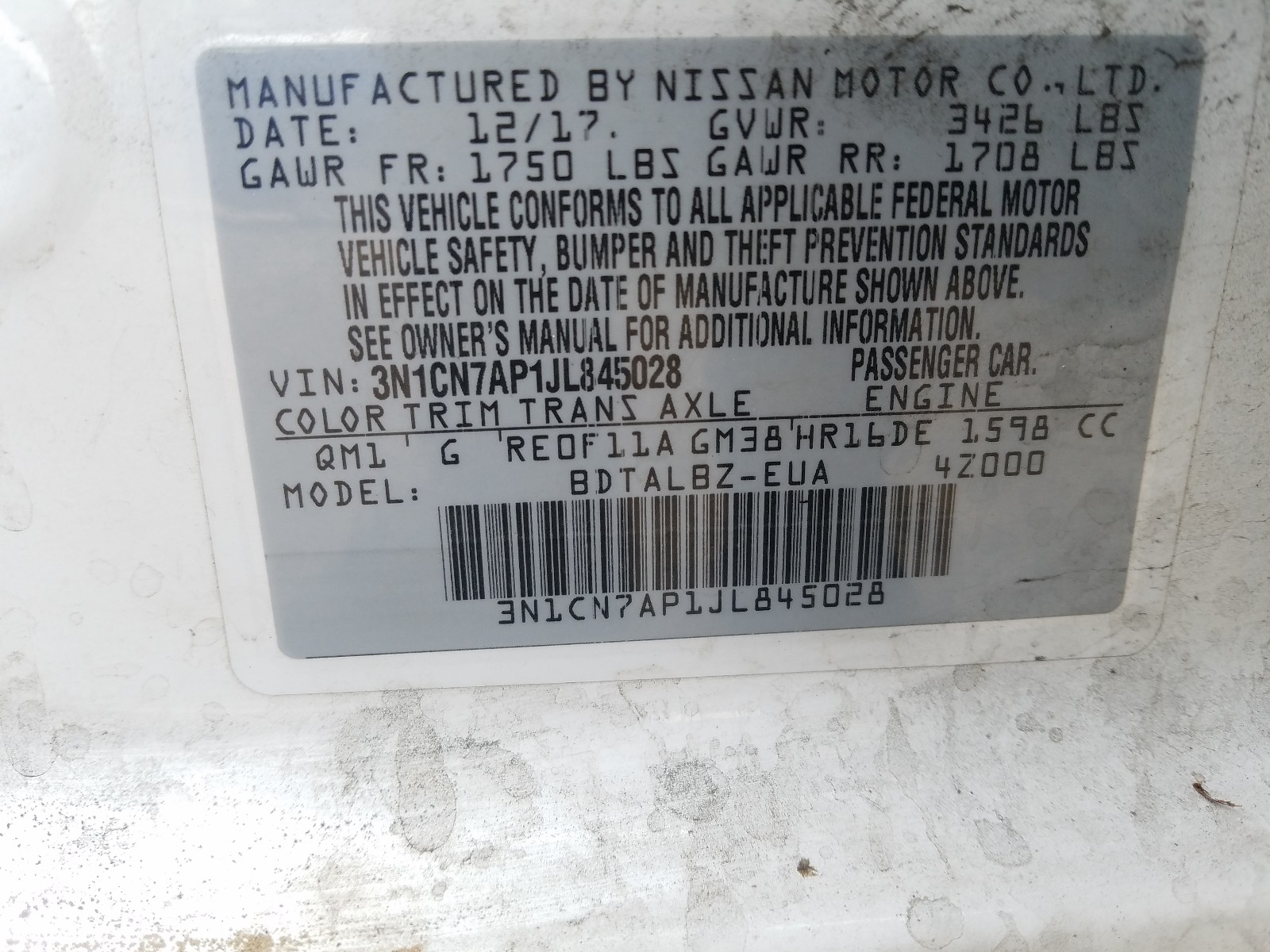 Photo 9 VIN: 3N1CN7AP1JL845028 - NISSAN VERSA S 