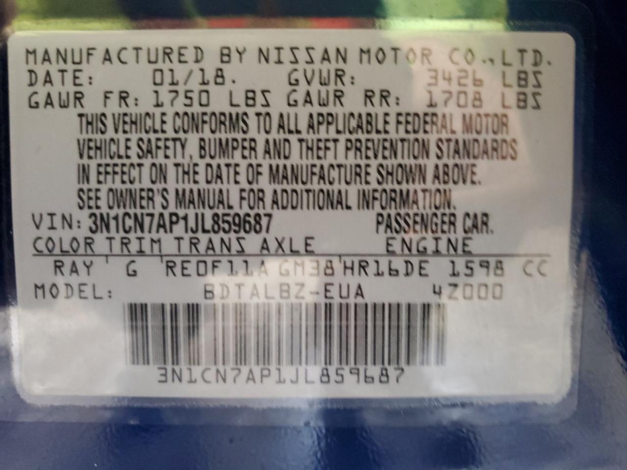 Photo 12 VIN: 3N1CN7AP1JL859687 - NISSAN VERSA 