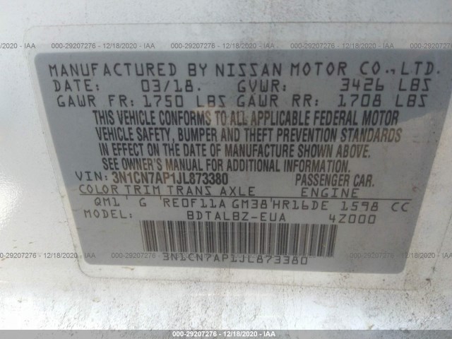 Photo 8 VIN: 3N1CN7AP1JL873380 - NISSAN VERSA SEDAN 