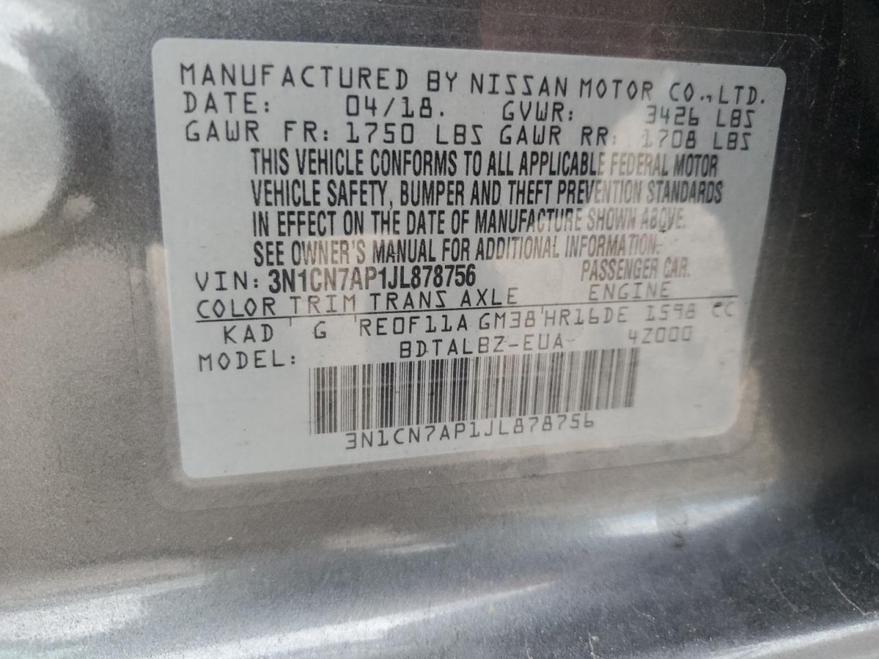 Photo 12 VIN: 3N1CN7AP1JL878756 - NISSAN VERSA 