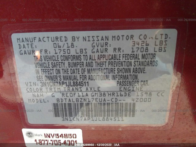 Photo 8 VIN: 3N1CN7AP1JL884511 - NISSAN VERSA SEDAN 