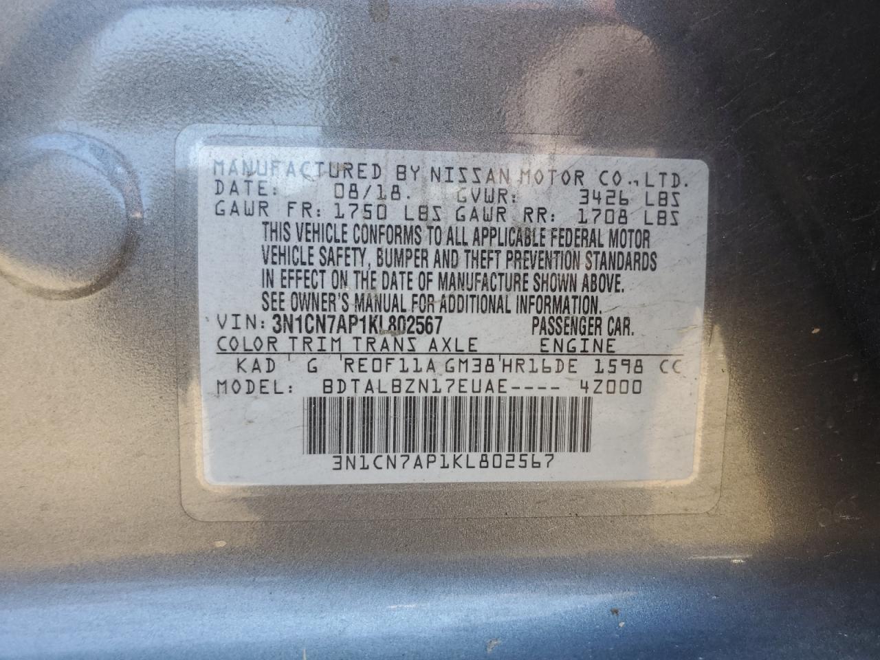 Photo 11 VIN: 3N1CN7AP1KL802567 - NISSAN VERSA 