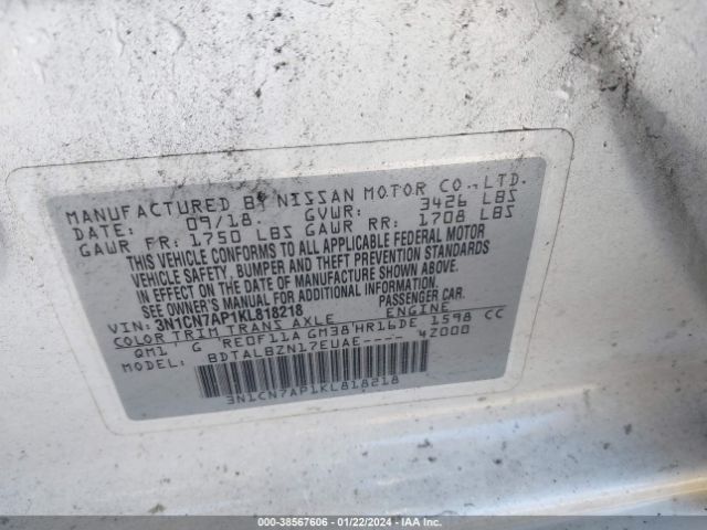 Photo 8 VIN: 3N1CN7AP1KL818218 - NISSAN VERSA 