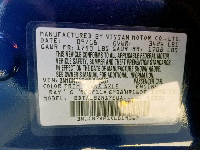 Photo 9 VIN: 3N1CN7AP1KL819367 - NISSAN VERSA S 