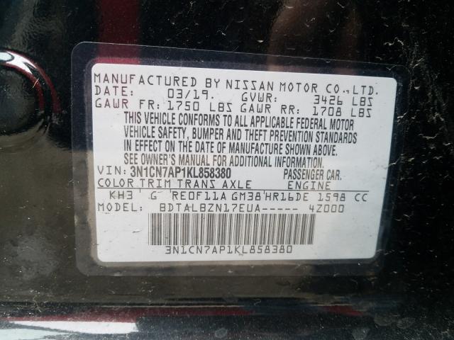 Photo 9 VIN: 3N1CN7AP1KL858380 - NISSAN VERSA S 