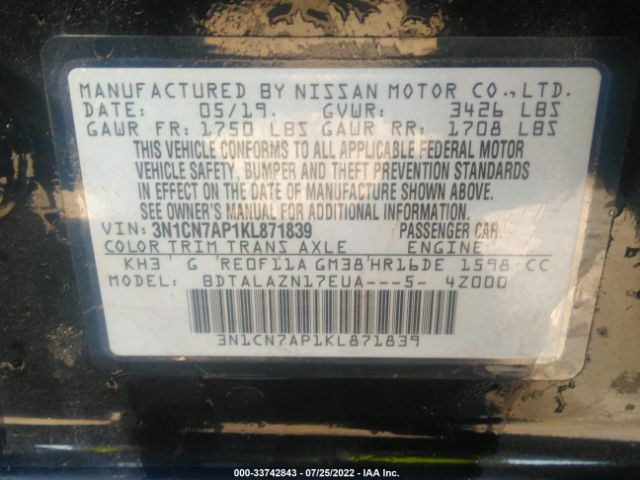 Photo 8 VIN: 3N1CN7AP1KL871839 - NISSAN VERSA SEDAN 