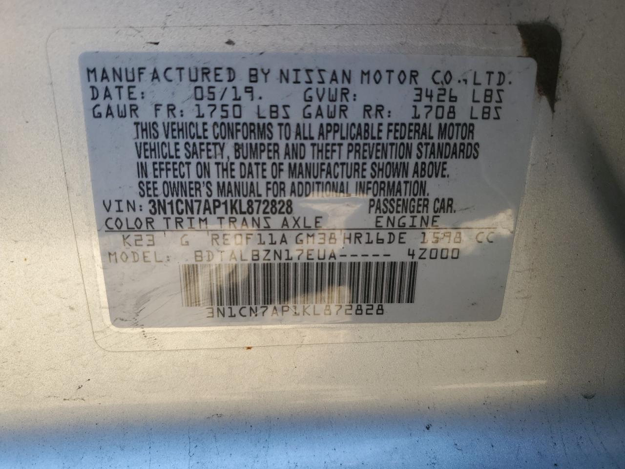 Photo 11 VIN: 3N1CN7AP1KL872828 - NISSAN VERSA 