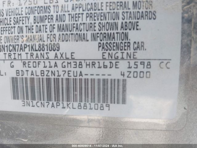 Photo 8 VIN: 3N1CN7AP1KL881089 - NISSAN VERSA 