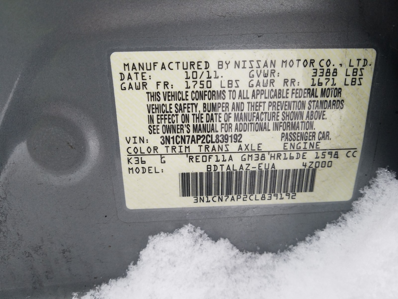 Photo 9 VIN: 3N1CN7AP2CL839192 - NISSAN VERSA S 