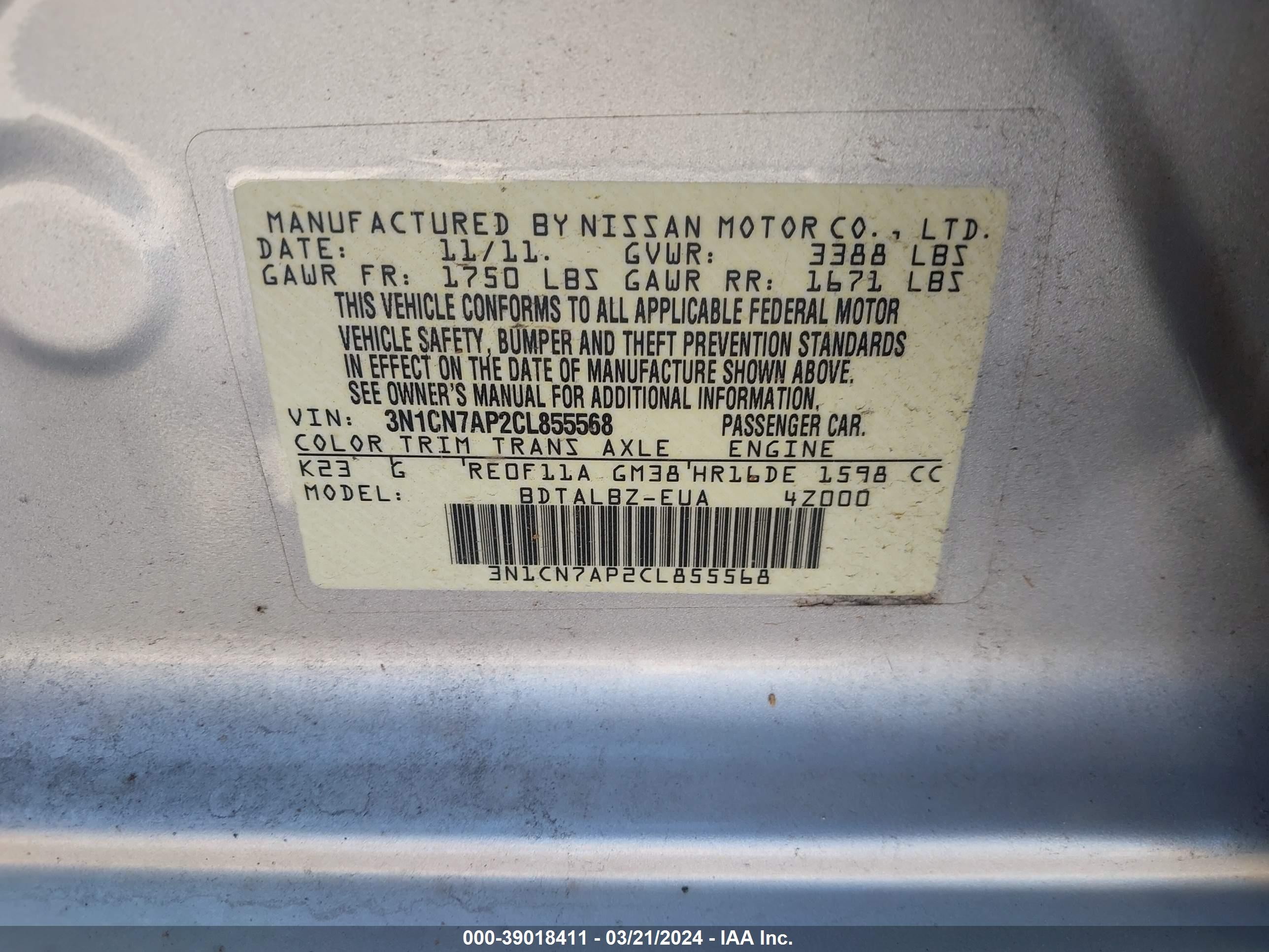 Photo 8 VIN: 3N1CN7AP2CL855568 - NISSAN VERSA 