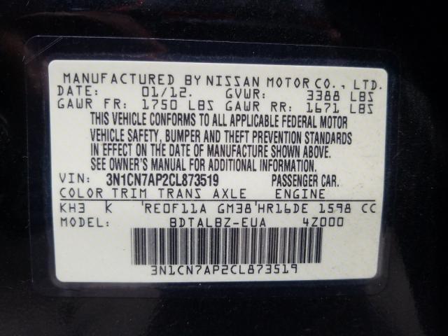 Photo 9 VIN: 3N1CN7AP2CL873519 - NISSAN VERSA S 