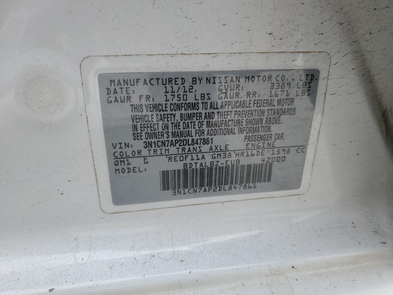 Photo 11 VIN: 3N1CN7AP2DL847861 - NISSAN VERSA 