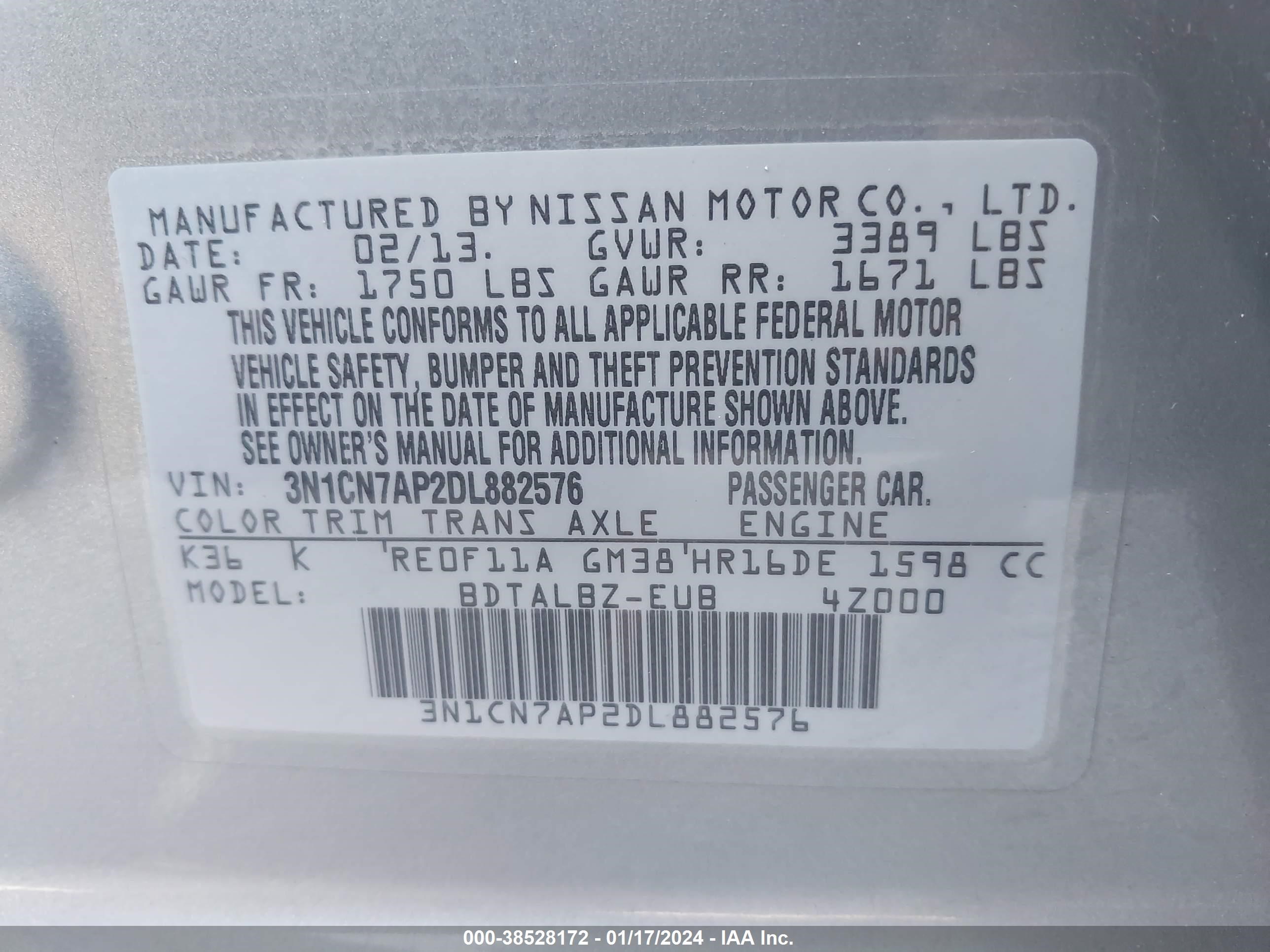 Photo 8 VIN: 3N1CN7AP2DL882576 - NISSAN VERSA 