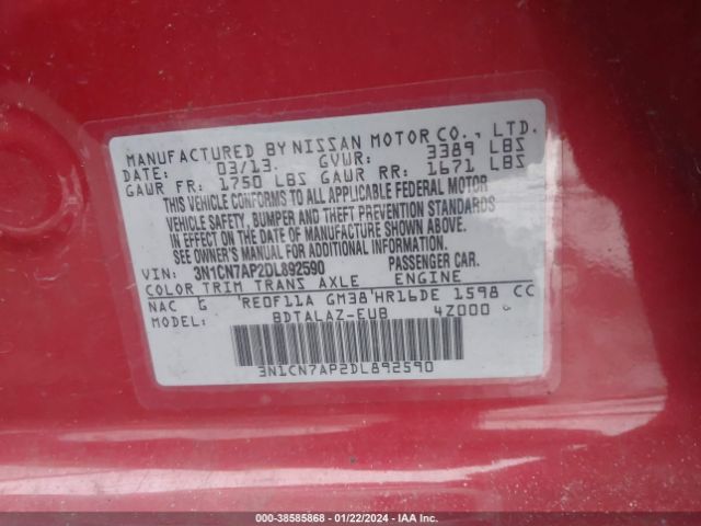 Photo 8 VIN: 3N1CN7AP2DL892590 - NISSAN VERSA 