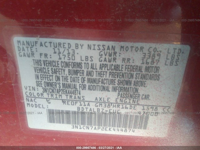 Photo 8 VIN: 3N1CN7AP2EK444874 - NISSAN VERSA 