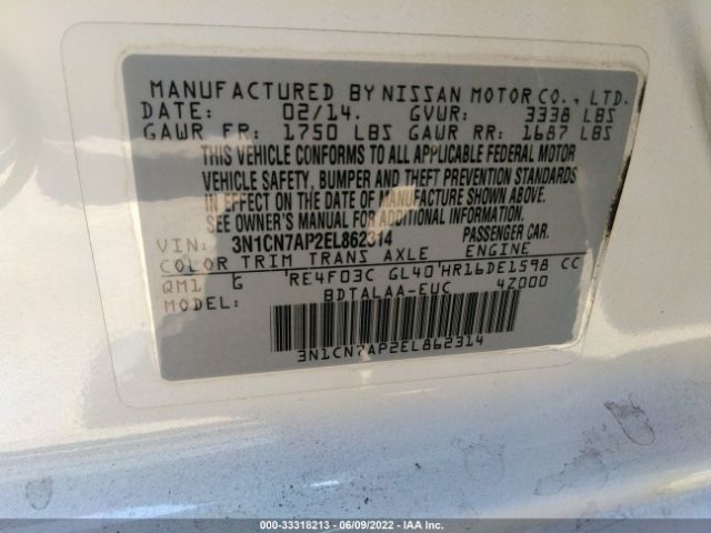 Photo 8 VIN: 3N1CN7AP2EL862314 - NISSAN VERSA 