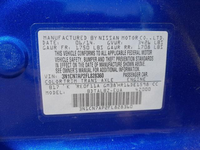 Photo 9 VIN: 3N1CN7AP2FL828360 - NISSAN VERSA S 