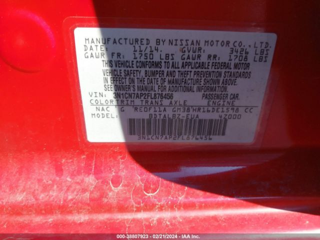 Photo 8 VIN: 3N1CN7AP2FL876456 - NISSAN VERSA 