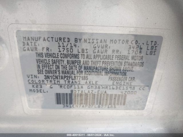 Photo 8 VIN: 3N1CN7AP2FL877185 - NISSAN VERSA 