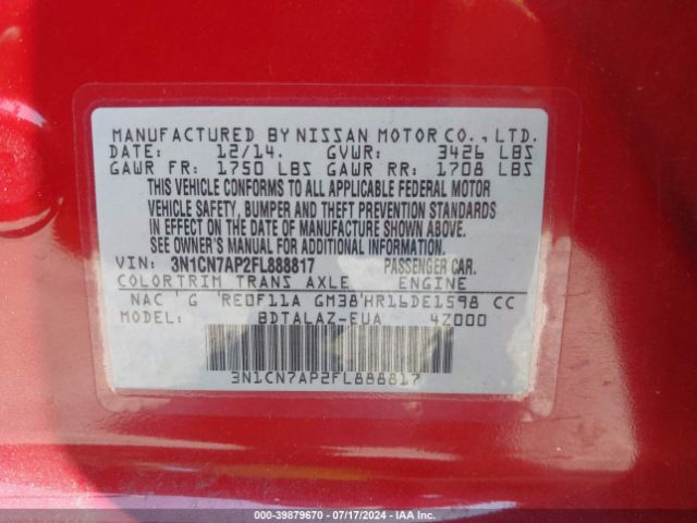 Photo 8 VIN: 3N1CN7AP2FL888817 - NISSAN VERSA 