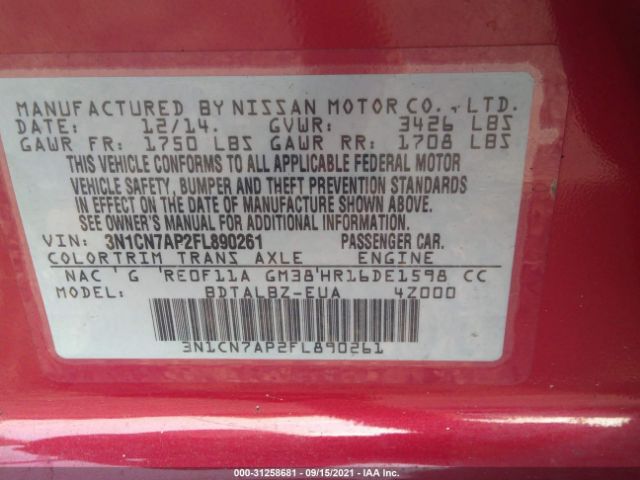 Photo 8 VIN: 3N1CN7AP2FL890261 - NISSAN VERSA 