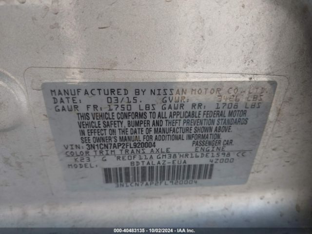 Photo 8 VIN: 3N1CN7AP2FL920004 - NISSAN VERSA 