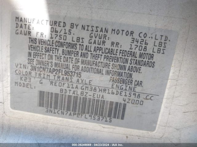 Photo 8 VIN: 3N1CN7AP2FL953715 - NISSAN VERSA 