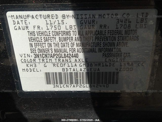 Photo 8 VIN: 3N1CN7AP2GL842440 - NISSAN VERSA 