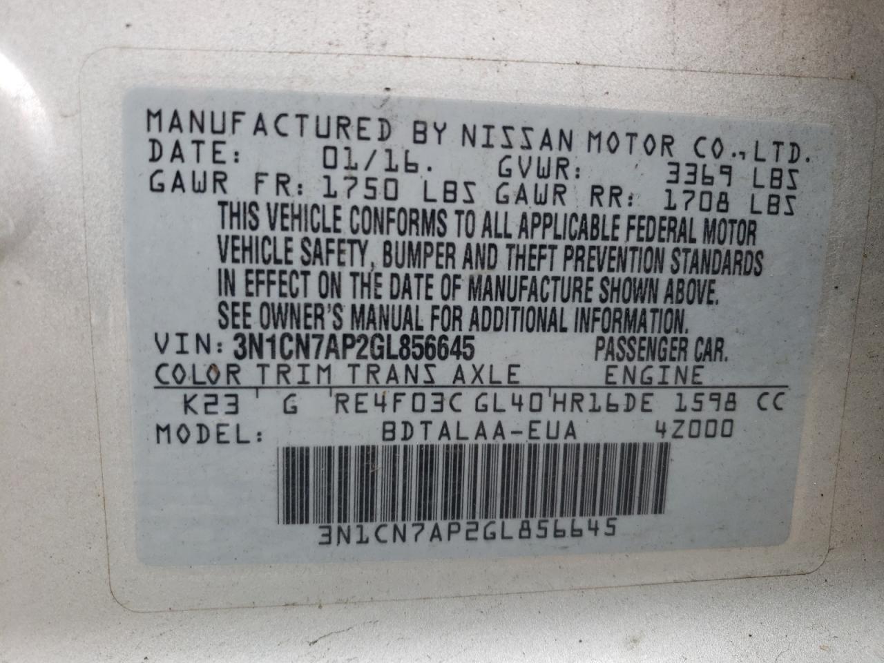 Photo 11 VIN: 3N1CN7AP2GL856645 - NISSAN VERSA 