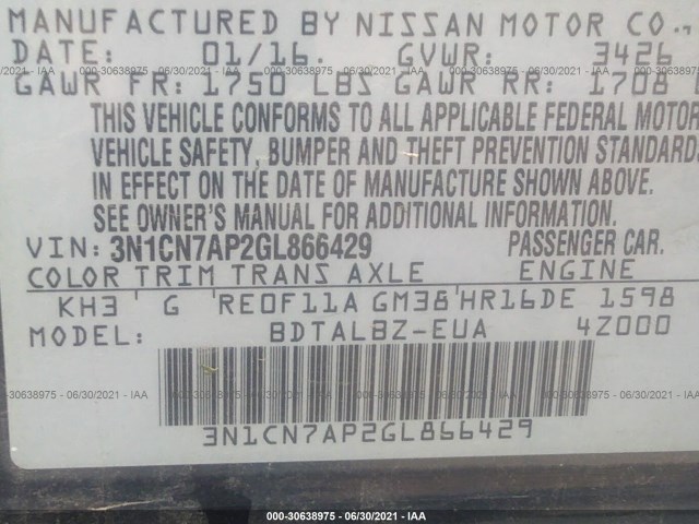 Photo 8 VIN: 3N1CN7AP2GL866429 - NISSAN VERSA 