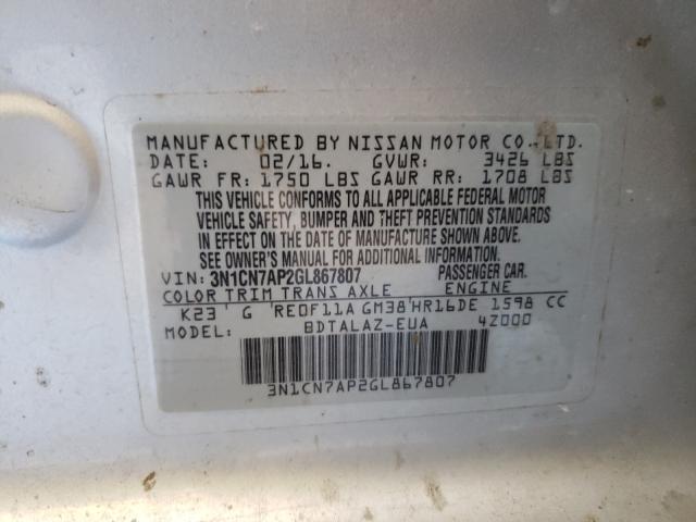 Photo 9 VIN: 3N1CN7AP2GL867807 - NISSAN VERSA S 