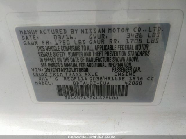 Photo 8 VIN: 3N1CN7AP2GL878600 - NISSAN VERSA 