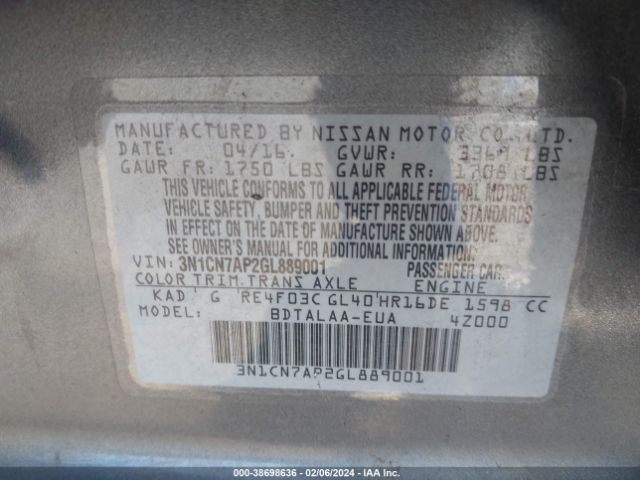 Photo 8 VIN: 3N1CN7AP2GL889001 - NISSAN VERSA 