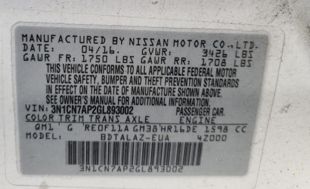 Photo 9 VIN: 3N1CN7AP2GL893002 - NISSAN VERSA S 