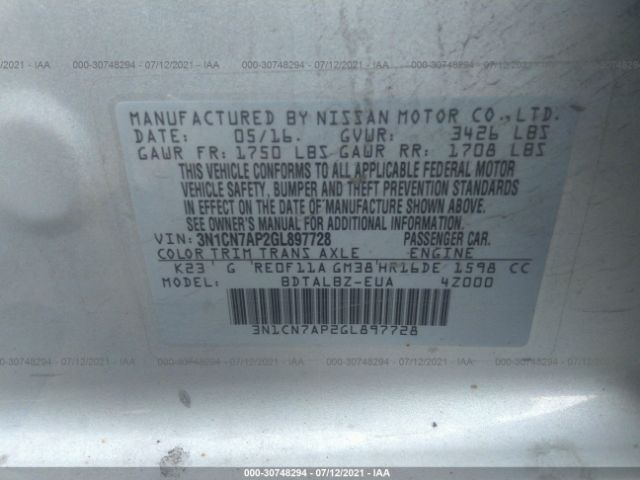 Photo 8 VIN: 3N1CN7AP2GL897728 - NISSAN VERSA 