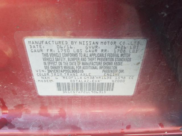 Photo 9 VIN: 3N1CN7AP2GL906315 - NISSAN VERSA S 