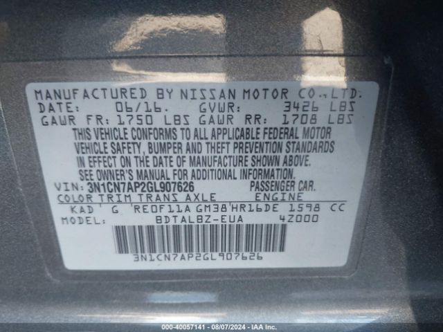 Photo 8 VIN: 3N1CN7AP2GL907626 - NISSAN VERSA 