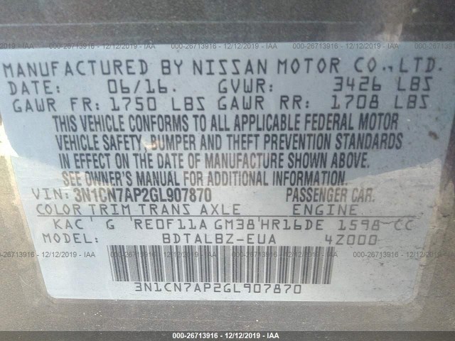 Photo 8 VIN: 3N1CN7AP2GL907870 - NISSAN VERSA 