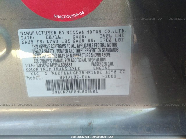 Photo 8 VIN: 3N1CN7AP2HL805681 - NISSAN VERSA SEDAN 