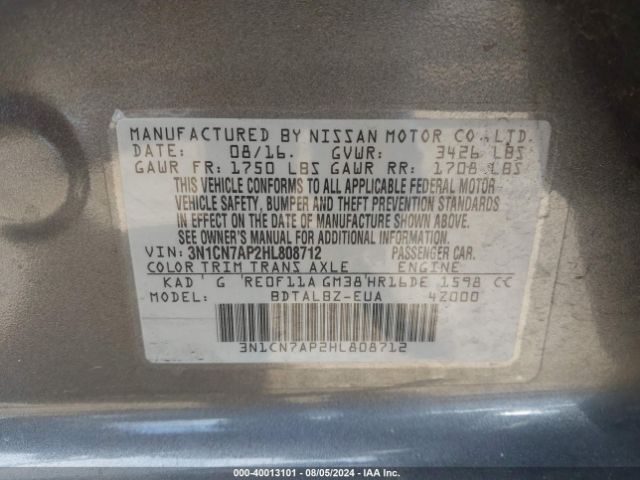 Photo 8 VIN: 3N1CN7AP2HL808712 - NISSAN VERSA 