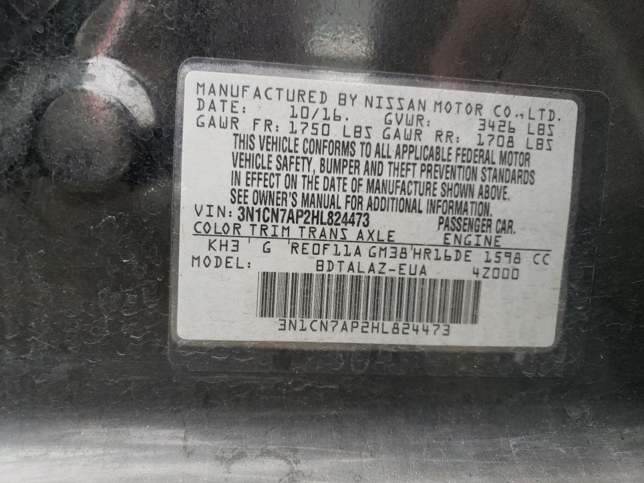 Photo 11 VIN: 3N1CN7AP2HL824473 - NISSAN VERSA 