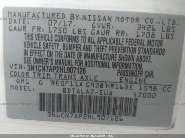 Photo 8 VIN: 3N1CN7AP2HL907126 - NISSAN VERSA SEDAN 