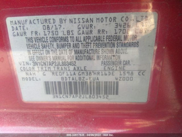 Photo 8 VIN: 3N1CN7AP2JL803452 - NISSAN VERSA SEDAN 