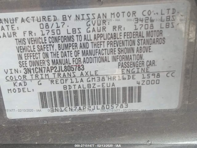 Photo 8 VIN: 3N1CN7AP2JL805783 - NISSAN VERSA SEDAN 