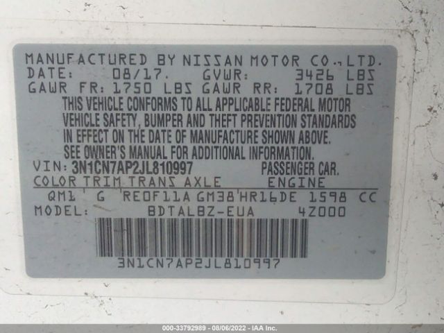 Photo 8 VIN: 3N1CN7AP2JL810997 - NISSAN VERSA SEDAN 