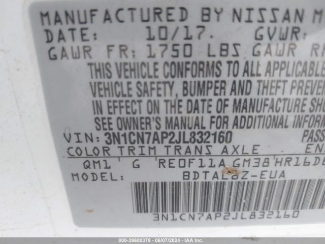 Photo 8 VIN: 3N1CN7AP2JL832160 - NISSAN VERSA 