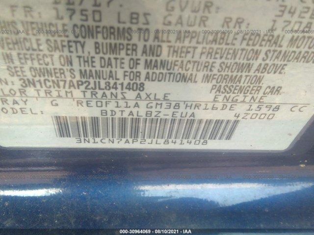 Photo 8 VIN: 3N1CN7AP2JL841408 - NISSAN VERSA SEDAN 